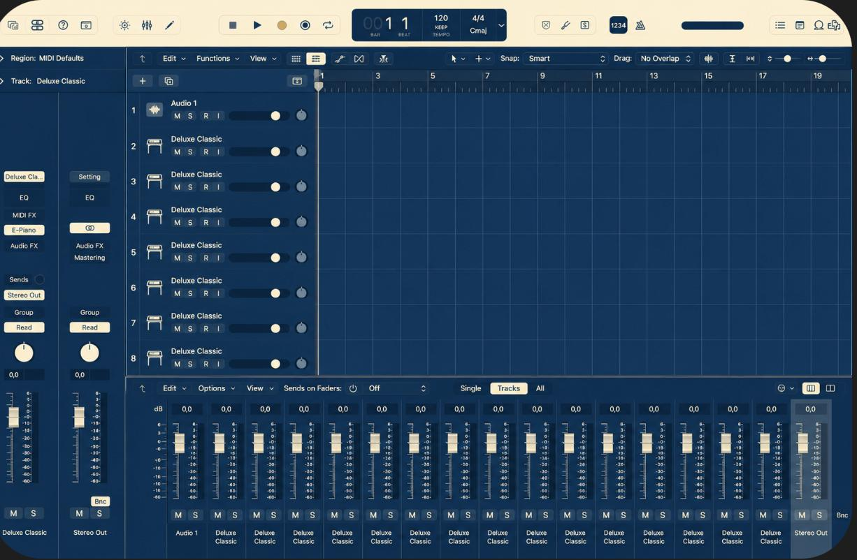 Logic Pro running the Navy Cream theme — track headers, arrange grid and full mixer, all recoloured